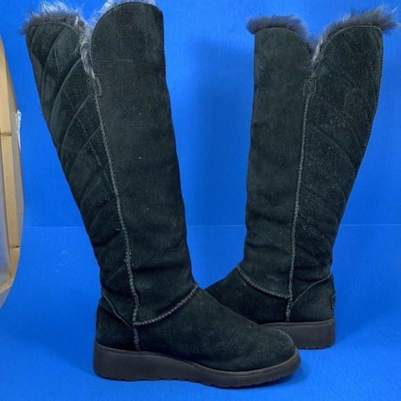 UGG Rosalind Toscano Fur Lined Boots Womens Size 7 Black Suede 17 Inch - Picture 6 of 10